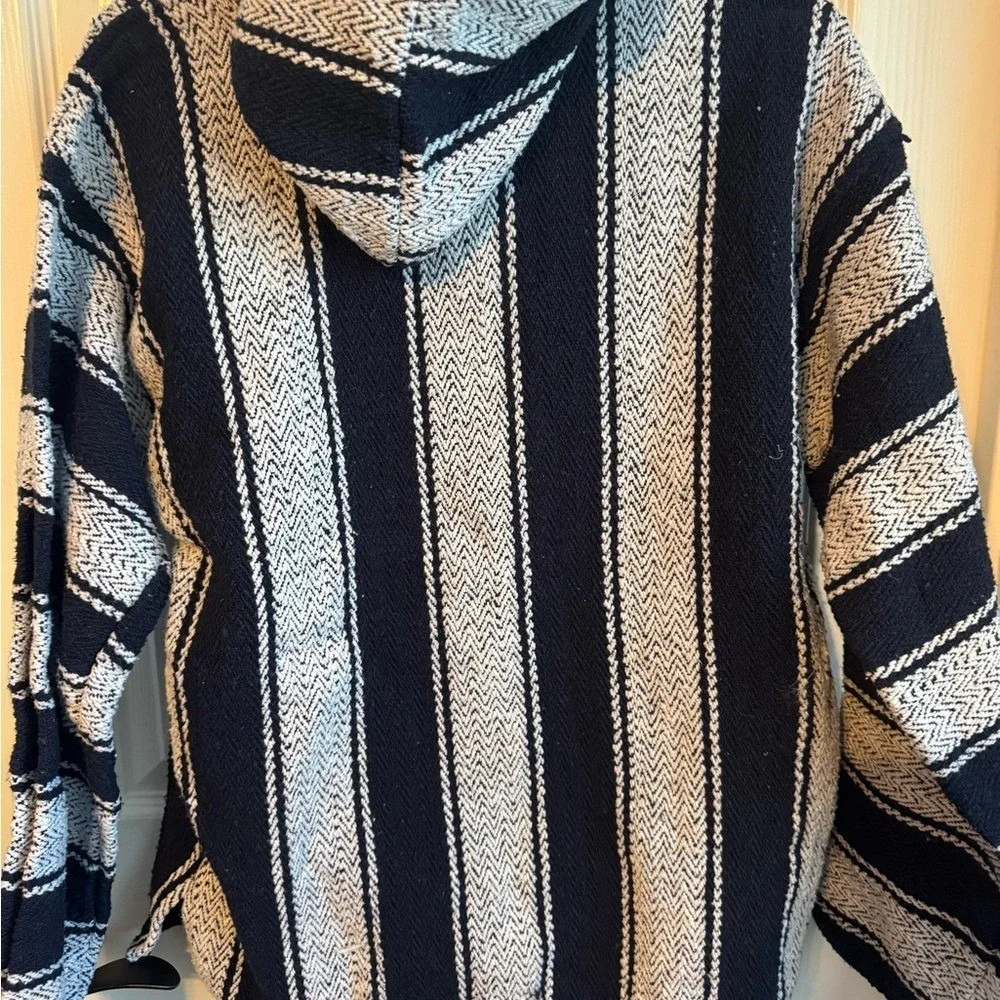 Vintage Style Earth Ragz Baja Hoodie Navy & White Striped Mexican Pullover Small